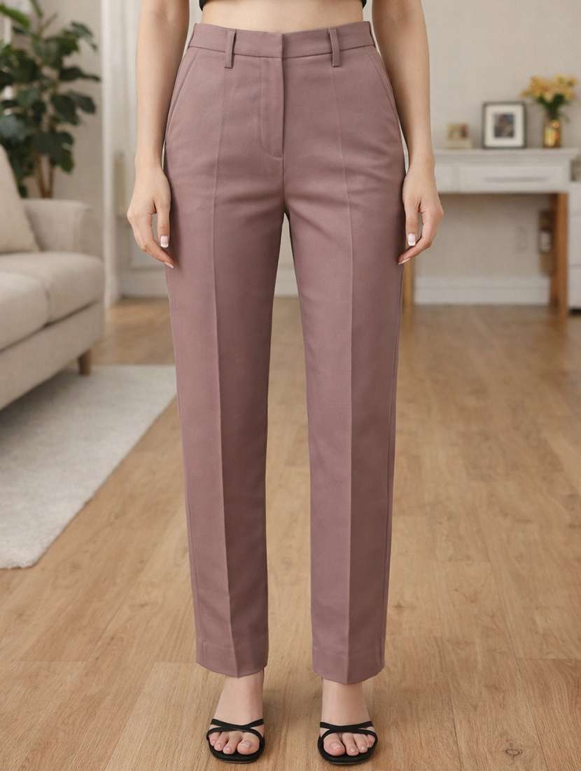 women solid high rise straight trouser