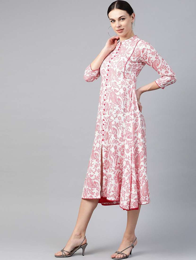 women printed three quarter sleeve front slit kurta - 22310846 -  Standard Image - 2