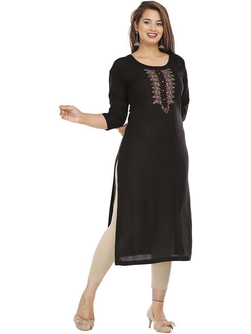 women solid with work three quarter sleeve straight kurta - 22310871 -  Standard Image - 2