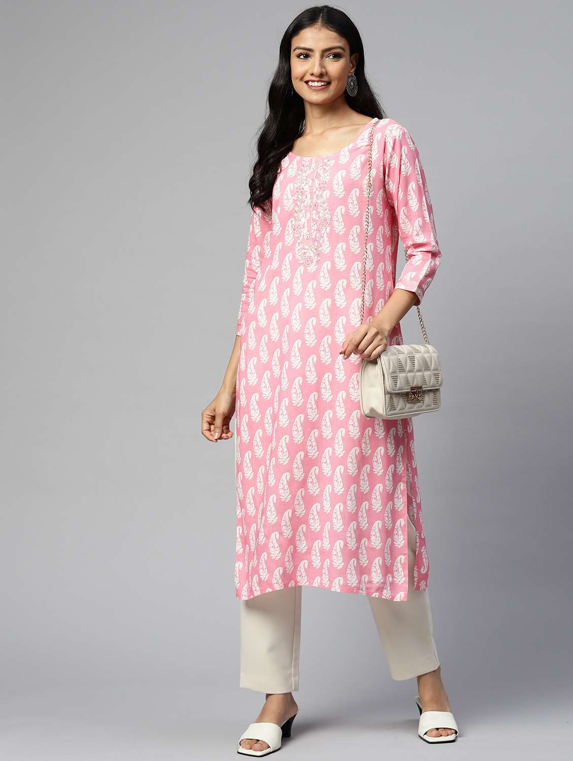 women paisley three quarter sleeve straight kurta