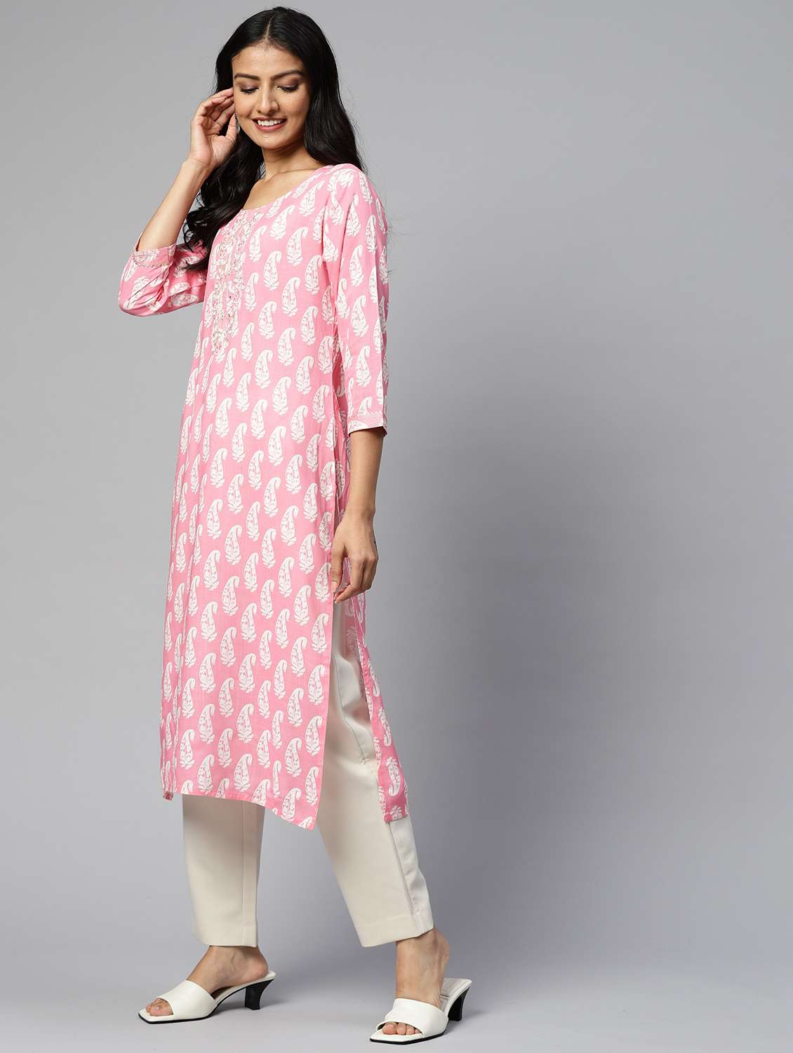 women paisley three quarter sleeve straight kurta - 22310875 -  Standard Image - 2
