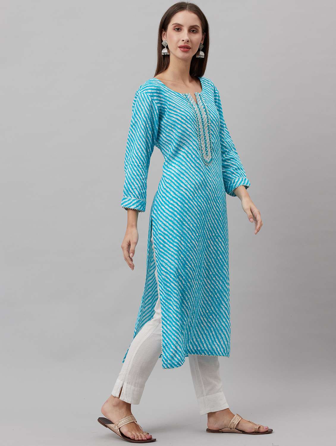 women leheriya three quarter sleeve straight kurta - 22310878 -  Standard Image - 2