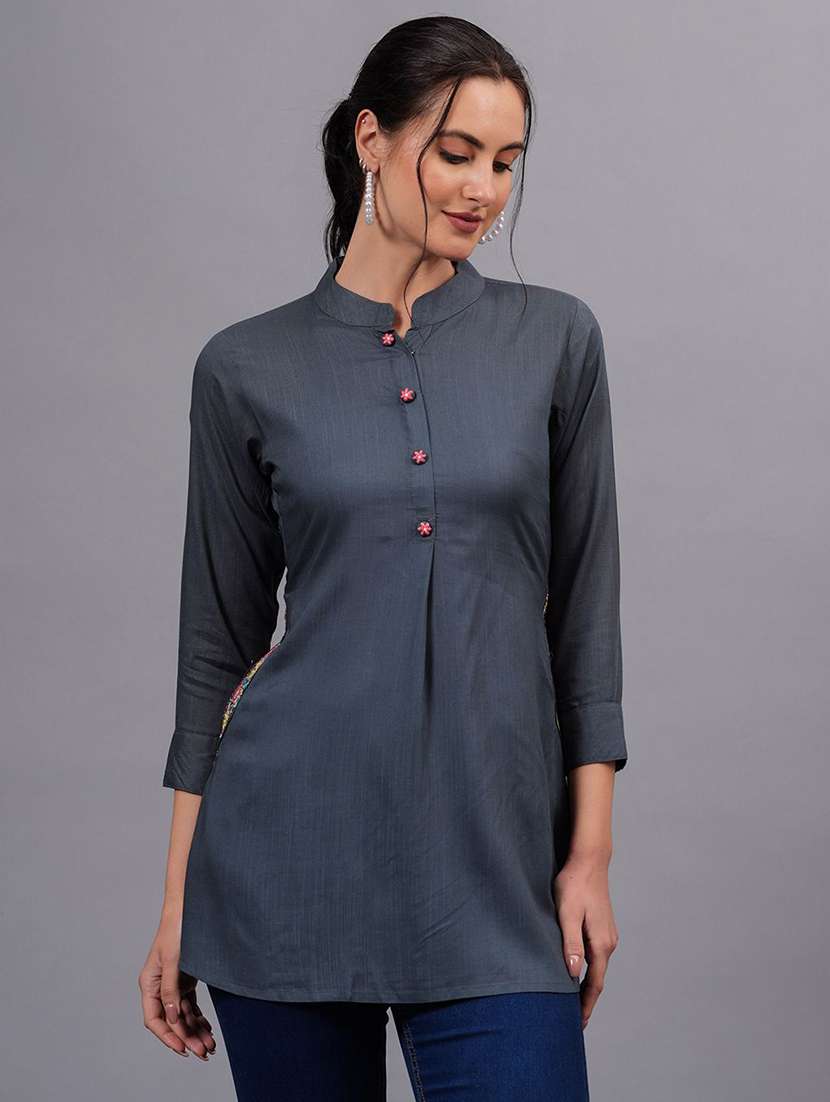 women solid three quarter sleeve a-line kurti - 22310889 -  Standard Image - 2