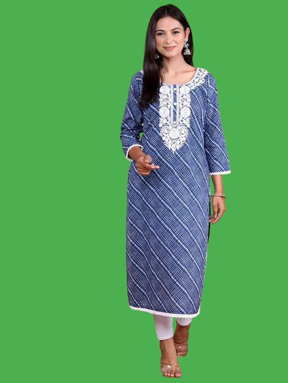 women printed three quarter sleeve straight kurta