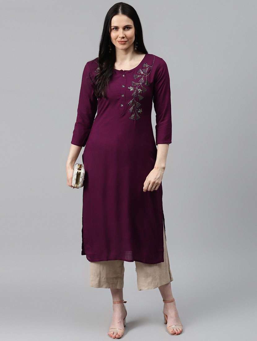 women solid with work three quarter sleeve straight kurta