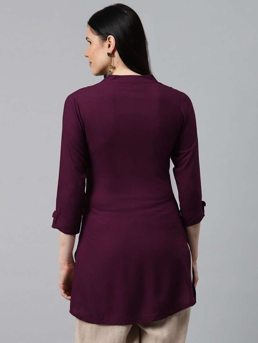 women solid with work three quarter sleeve straight kurti - 22310905 -  Standard Image - 2