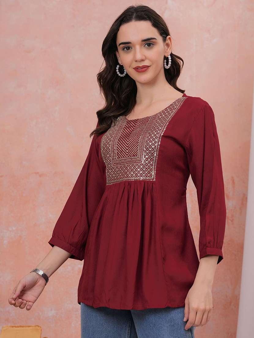 women solid with work three quarter sleeve ethnic top - 22310920 -  Standard Image - 2