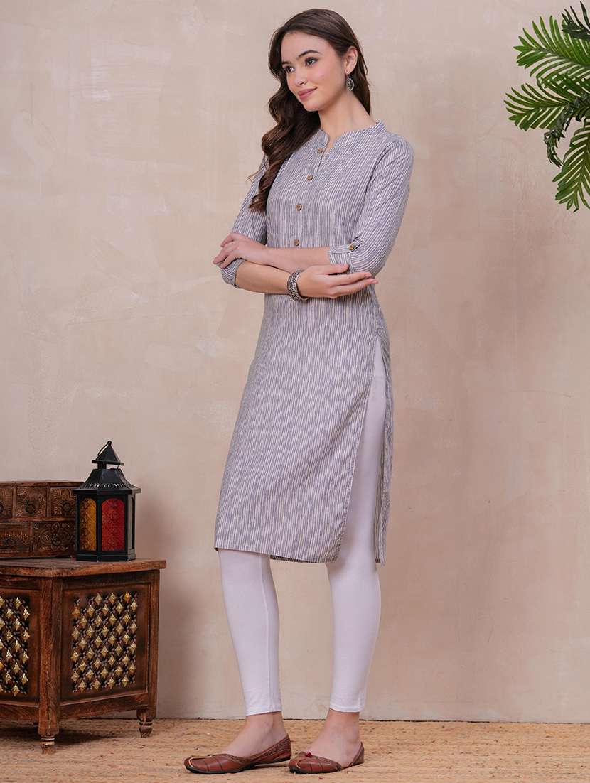 women striped three quarter sleeve straight kurta - 22310926 -  Standard Image - 2