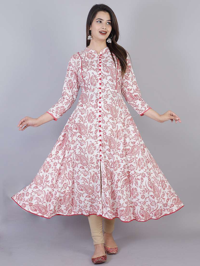 women printed three quarter sleeve front slit kurta