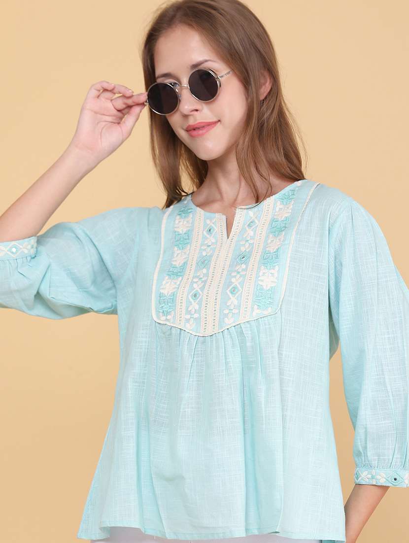 women embroidered three quarter sleeves a-line top