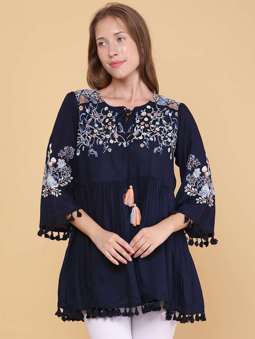 women embroidered bell sleeves flared kurti - 22311771 -  Standard Image - 2