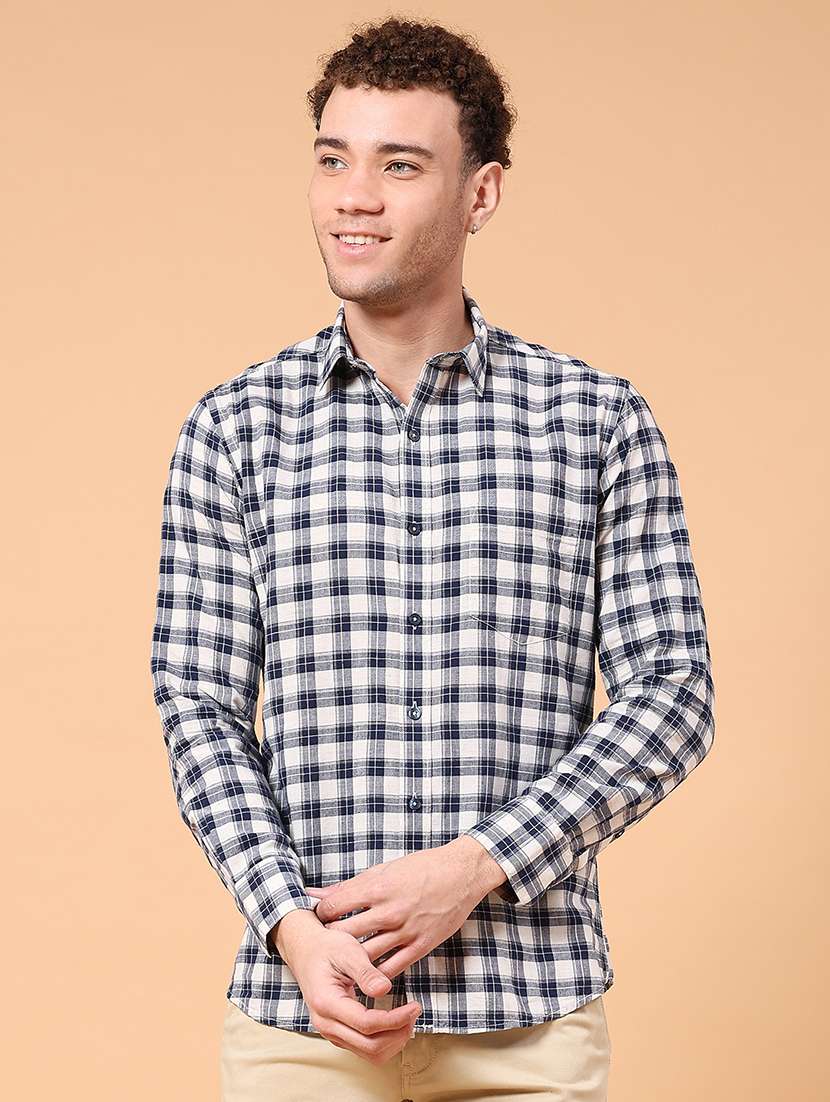 men checkered long sleeve slim fit casual shirt