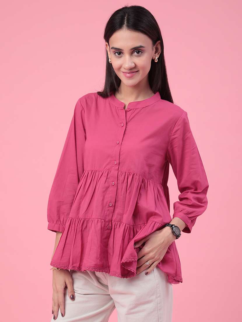 Women Solid Three Quarter Sleeves Tiered Top - 22312087 -  Standard Image - 2