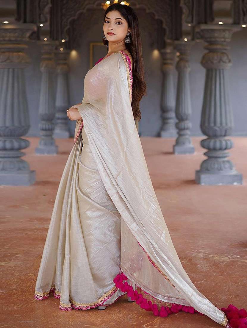 women solid with embroidered bordered saree with blouse - 22312150 -  Standard Image - 2