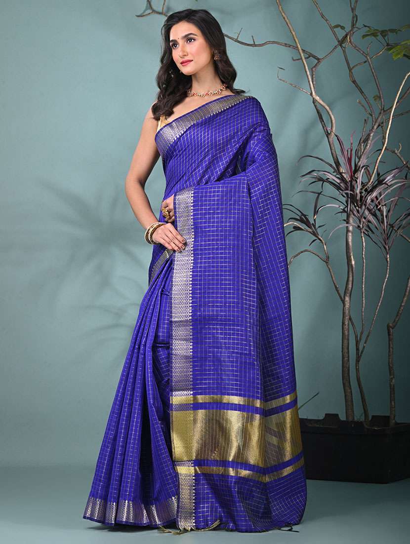women checkered bordered saree with blouse - 22312707 -  Standard Image - 2