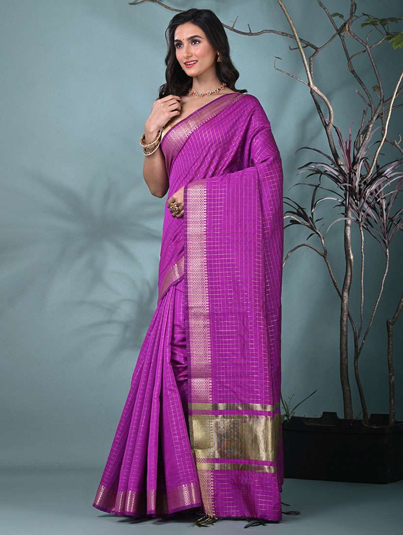 women checkered bordered saree with blouse - 22312708 -  Standard Image - 2