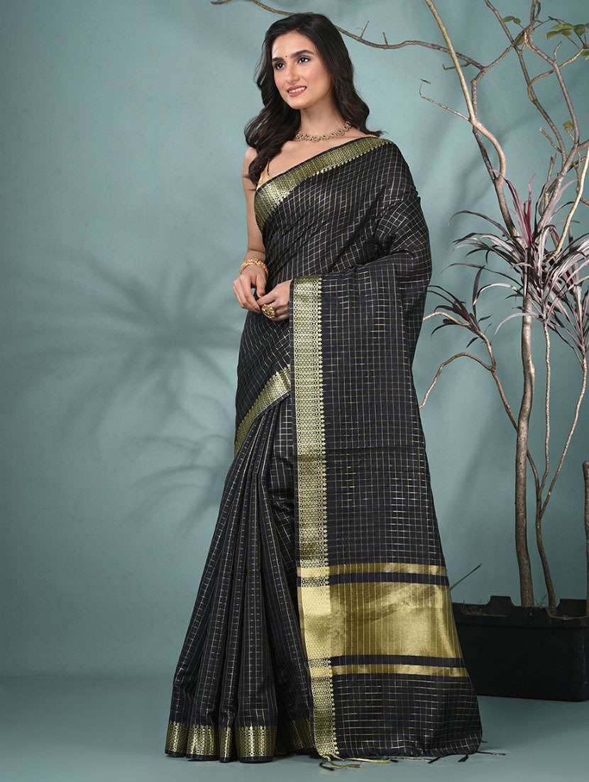 women checkered bordered saree with blouse - 22312709 -  Standard Image - 2