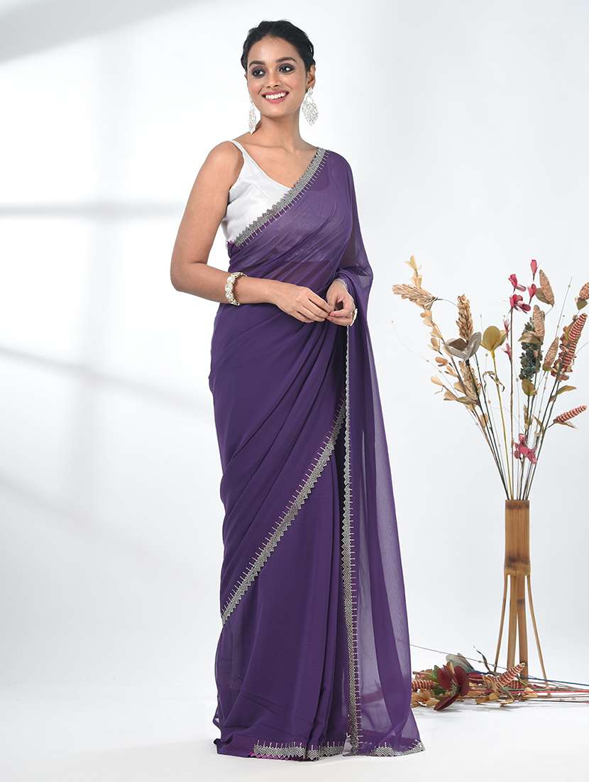 women solid with embellished bordered saree with blouse - 22312777 -  Standard Image - 2