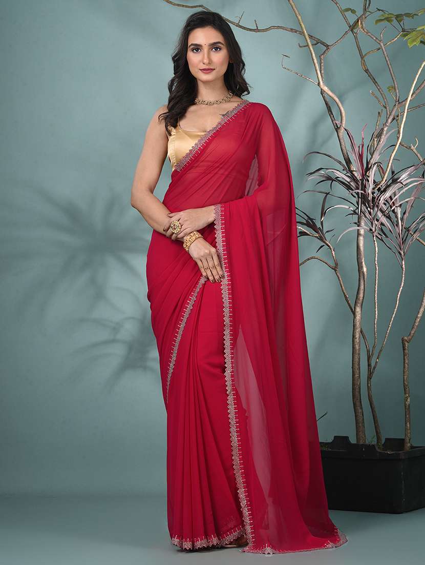 women solid with embellished bordered saree with blouse
