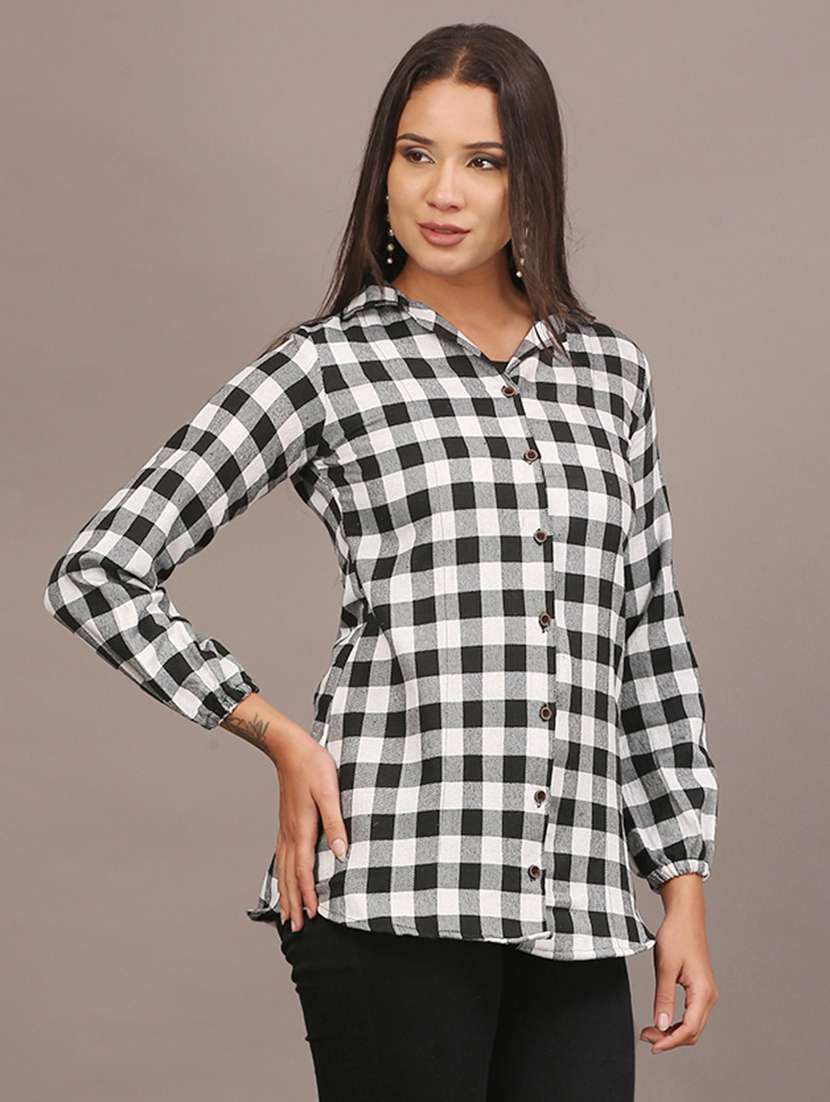 women checkered lapel collar long sleeve shirt - 22312844 -  Standard Image - 2