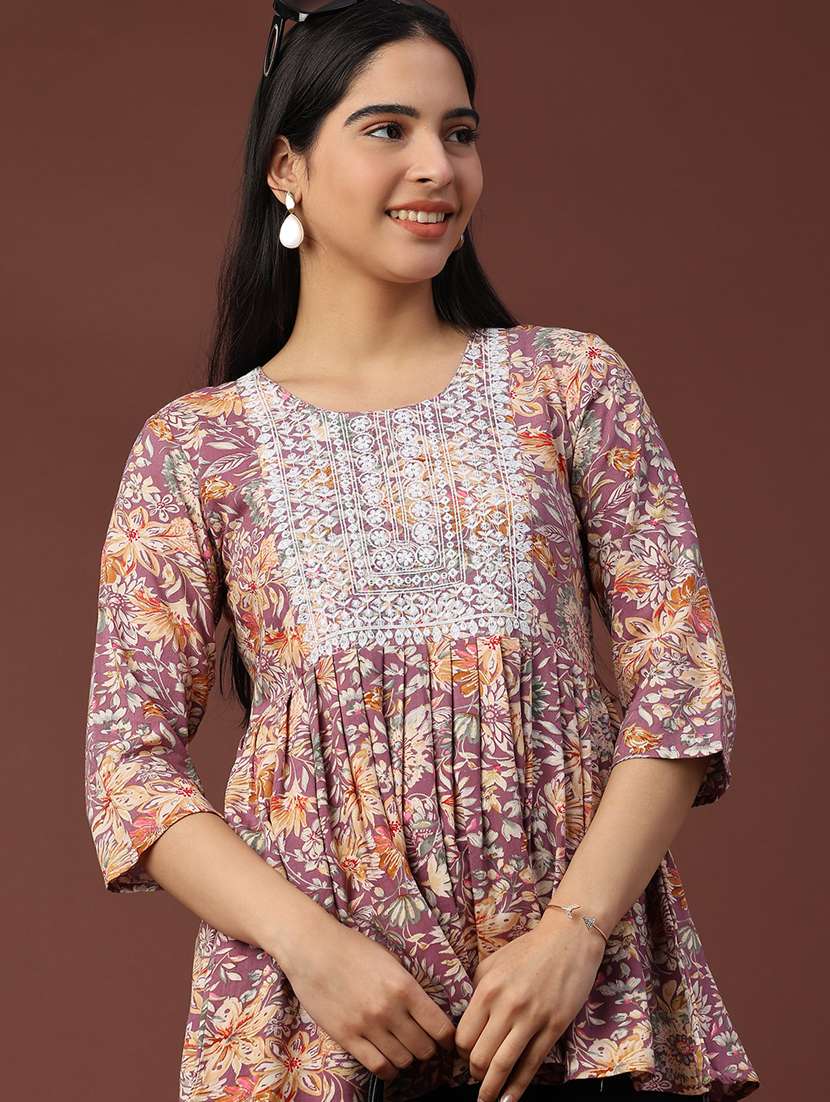 women printed three quarter sleeve flared kurti - 22313544 -  Standard Image - 2