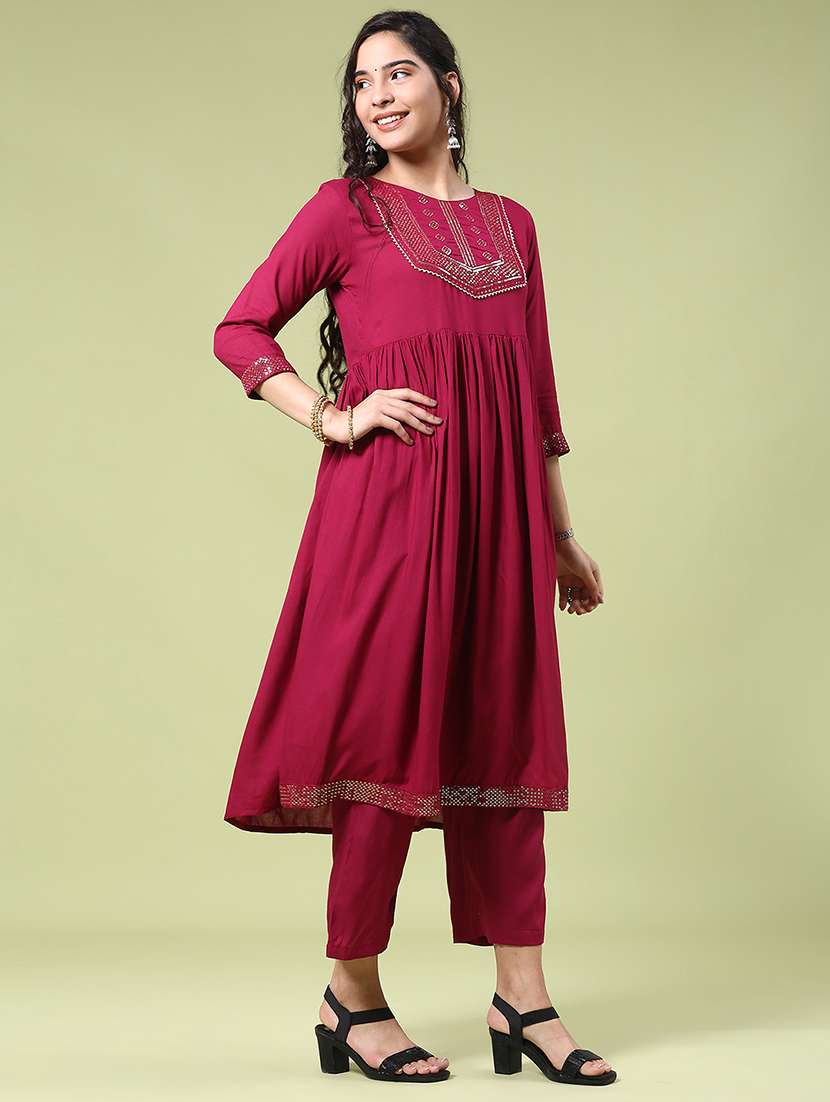women solid with work three quarter sleeve kurta pant set - 22313588 -  Standard Image - 2