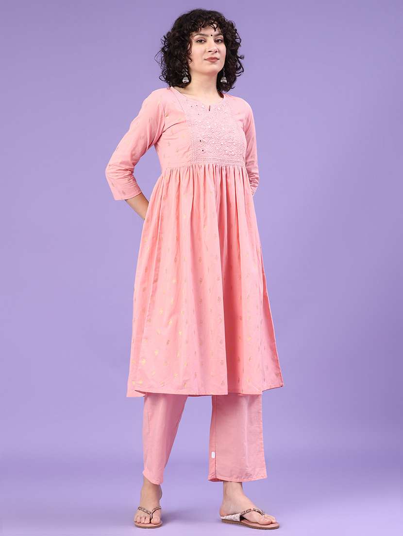 women solid with work three quarter sleeve kurta pant set - 22313682 -  Standard Image - 2