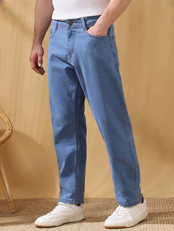men plain mid rise straight fit jeans