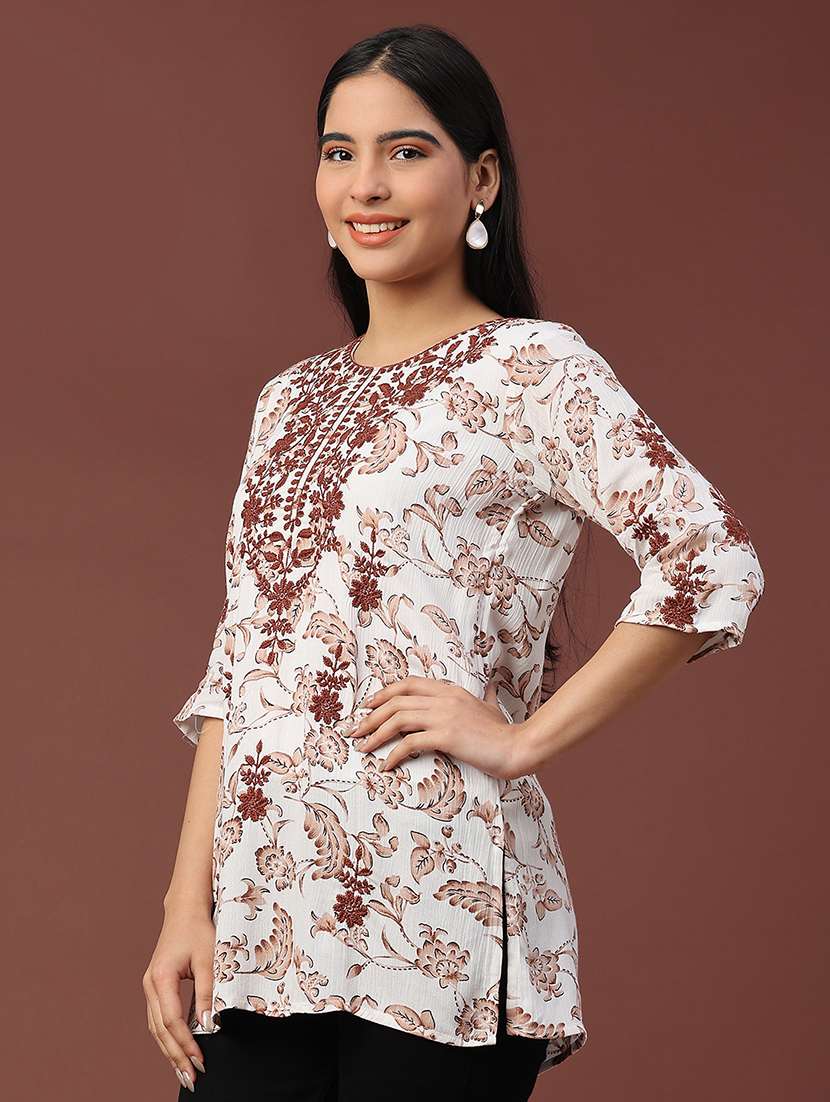women floral three quarter sleeve straight kurti - 22316395 -  Standard Image - 2