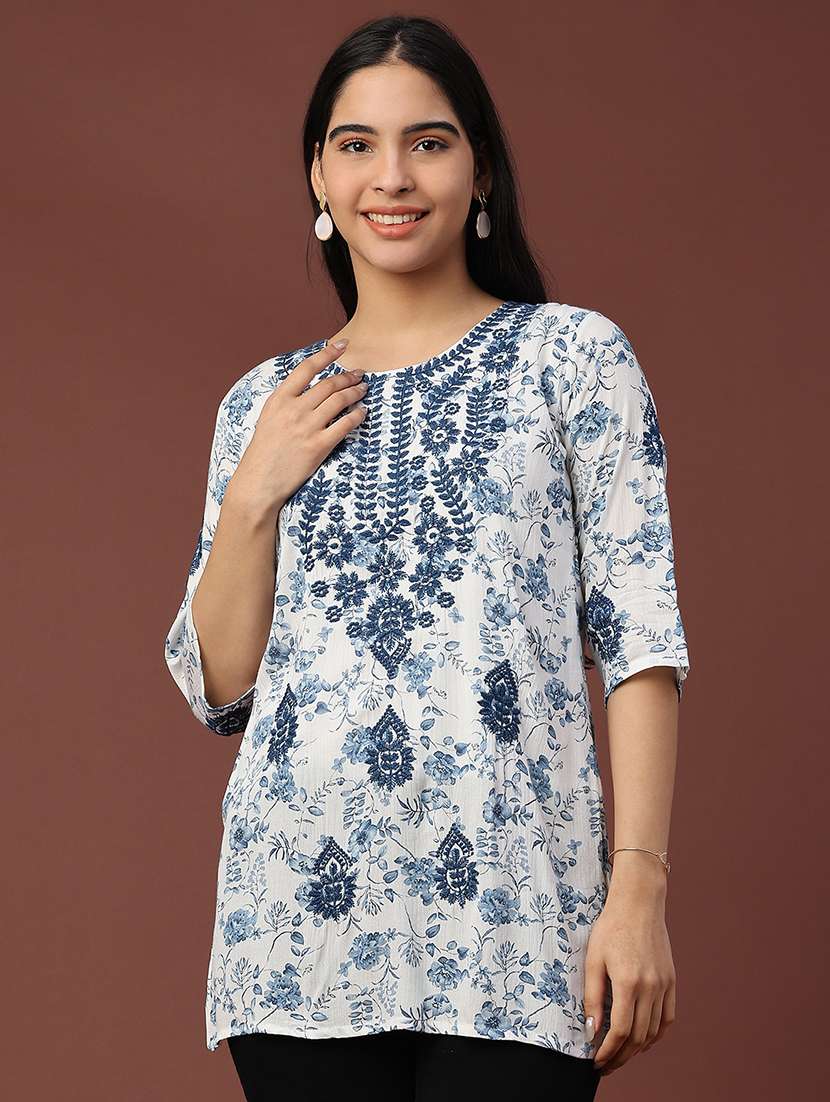 women floral three quarter sleeve straight kurti - 22316401 -  Standard Image - 2