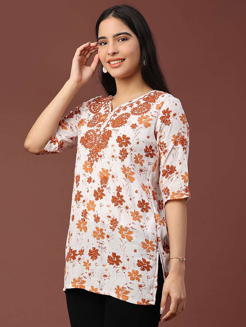 women floral three quarter sleeve straight kurti - 22316407 -  Standard Image - 2