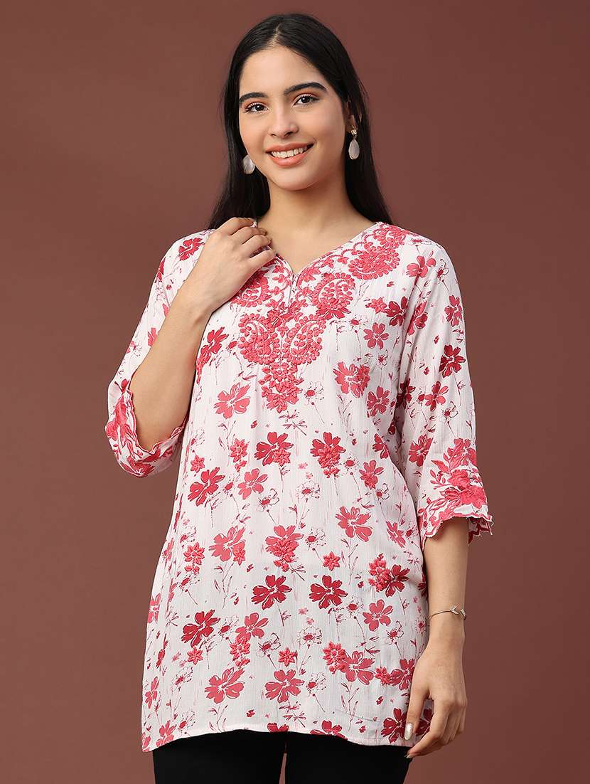 women floral three quarter sleeve straight kurti - 22316408 -  Standard Image - 2