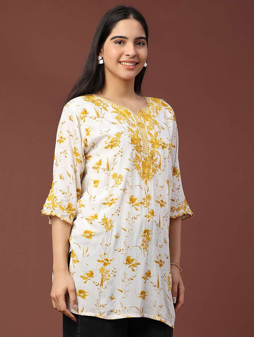 women floral three quarter sleeve straight kurti - 22316411 -  Standard Image - 2