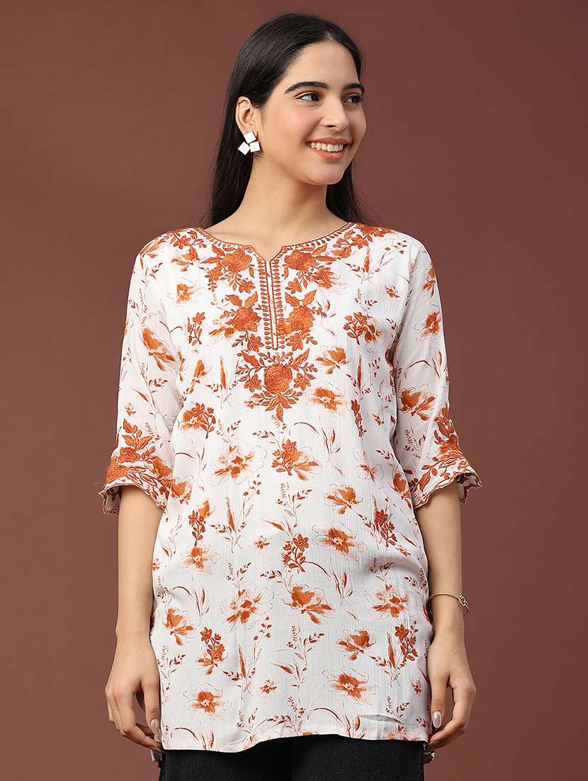 women floral three quarter sleeve straight kurti - 22316412 -  Standard Image - 2