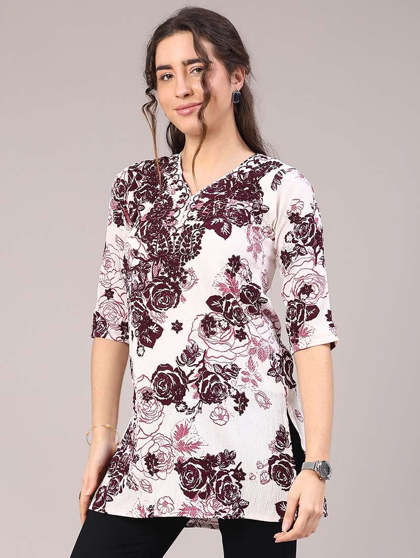 women floral three quarter sleeve straight kurti - 22316427 -  Standard Image - 2