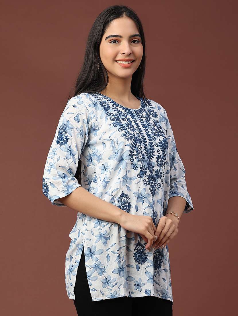 women floral three quarter sleeve straight kurti - 22316442 -  Standard Image - 2