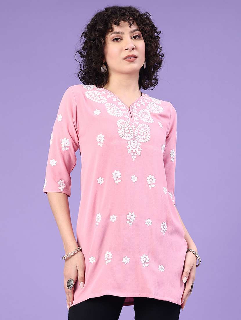 women solid with work three quarter sleeve straight kurti