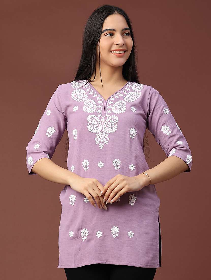 women solid with work three quarter sleeve straight kurti - 22316447 -  Standard Image - 2