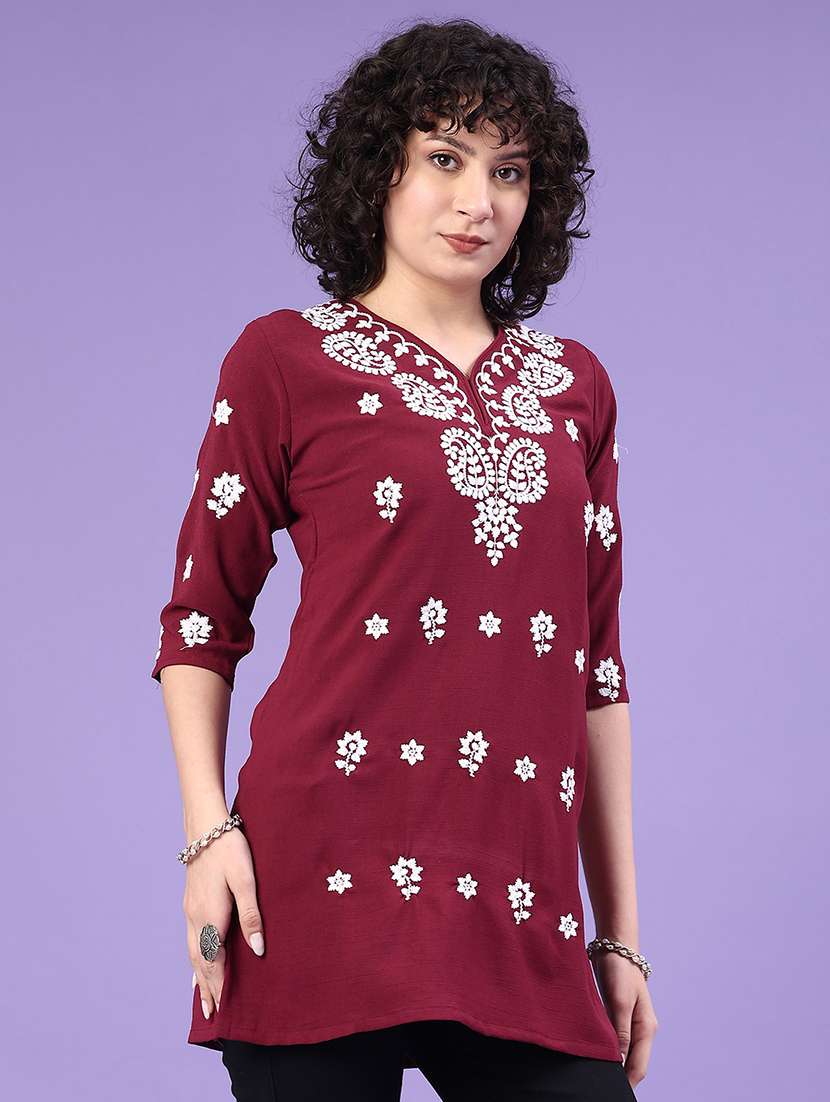 women solid with work three quarter sleeve straight kurti - 22316449 -  Standard Image - 2