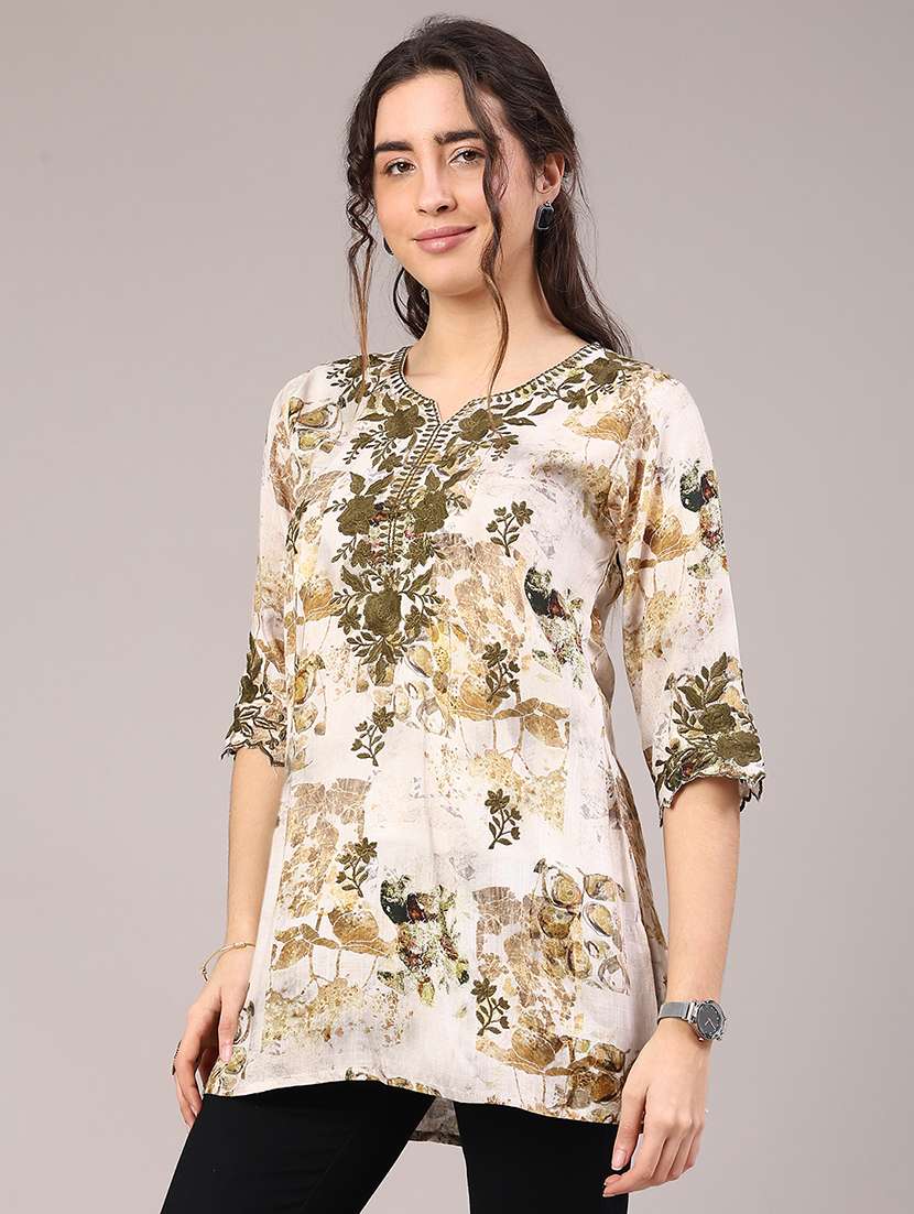 women floral three quarter sleeve straight kurti - 22316452 -  Standard Image - 2