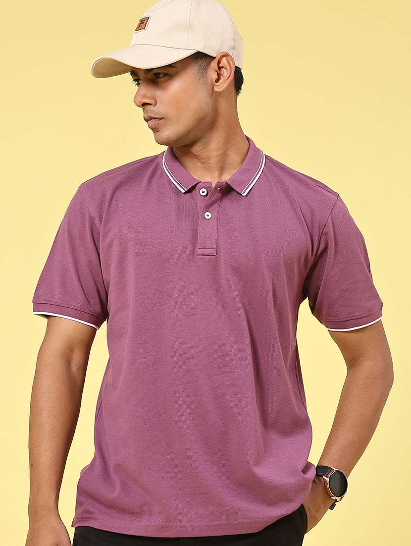 men mauve cotton blend plain t-shirt - 22316505 -  Standard Image - 2