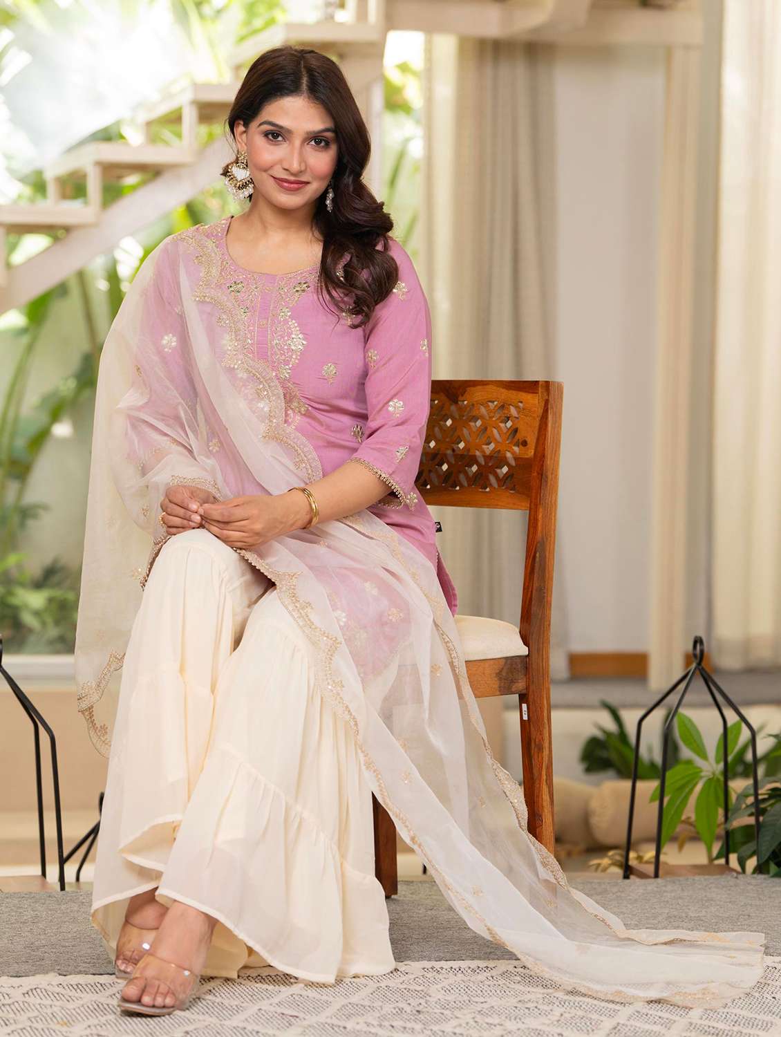 Women Solid With Work Round Neck Kurta Sharara With Dupatta Set - 22316784 -  Standard Image - 2