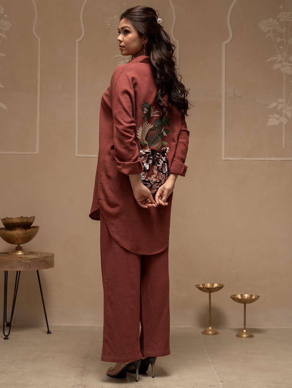 women solid with work shirt collar neck ethnic co-ord set - 22316812 -  Standard Image - 2