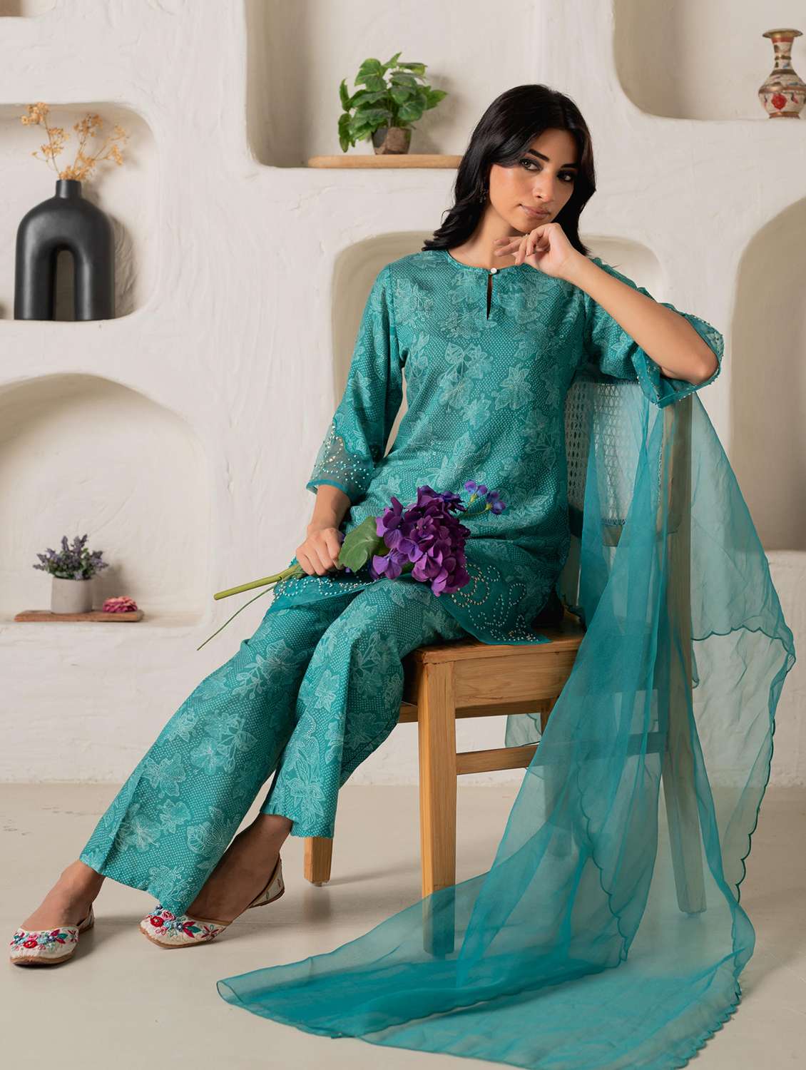 women solid with work three quarter sleeve kurta pant with dupatta set - 22316818 -  Standard Image - 2