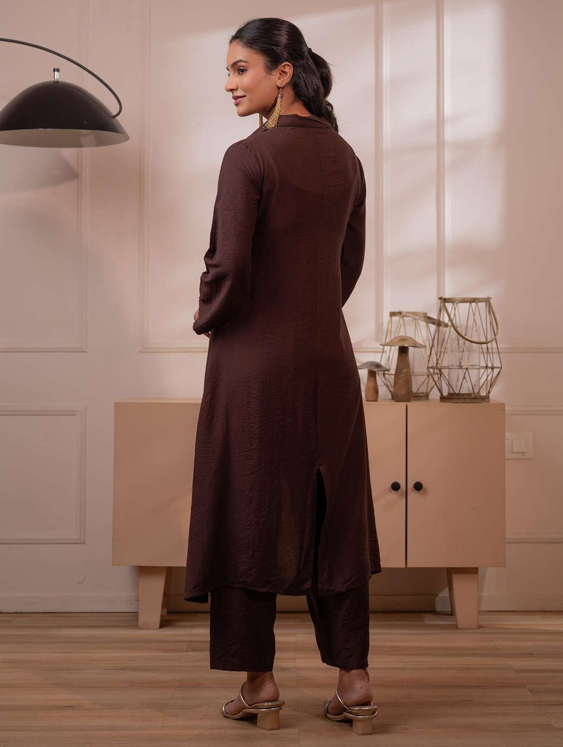 women solid with work three quarter sleeve kurta pant set - 22316819 -  Standard Image - 2