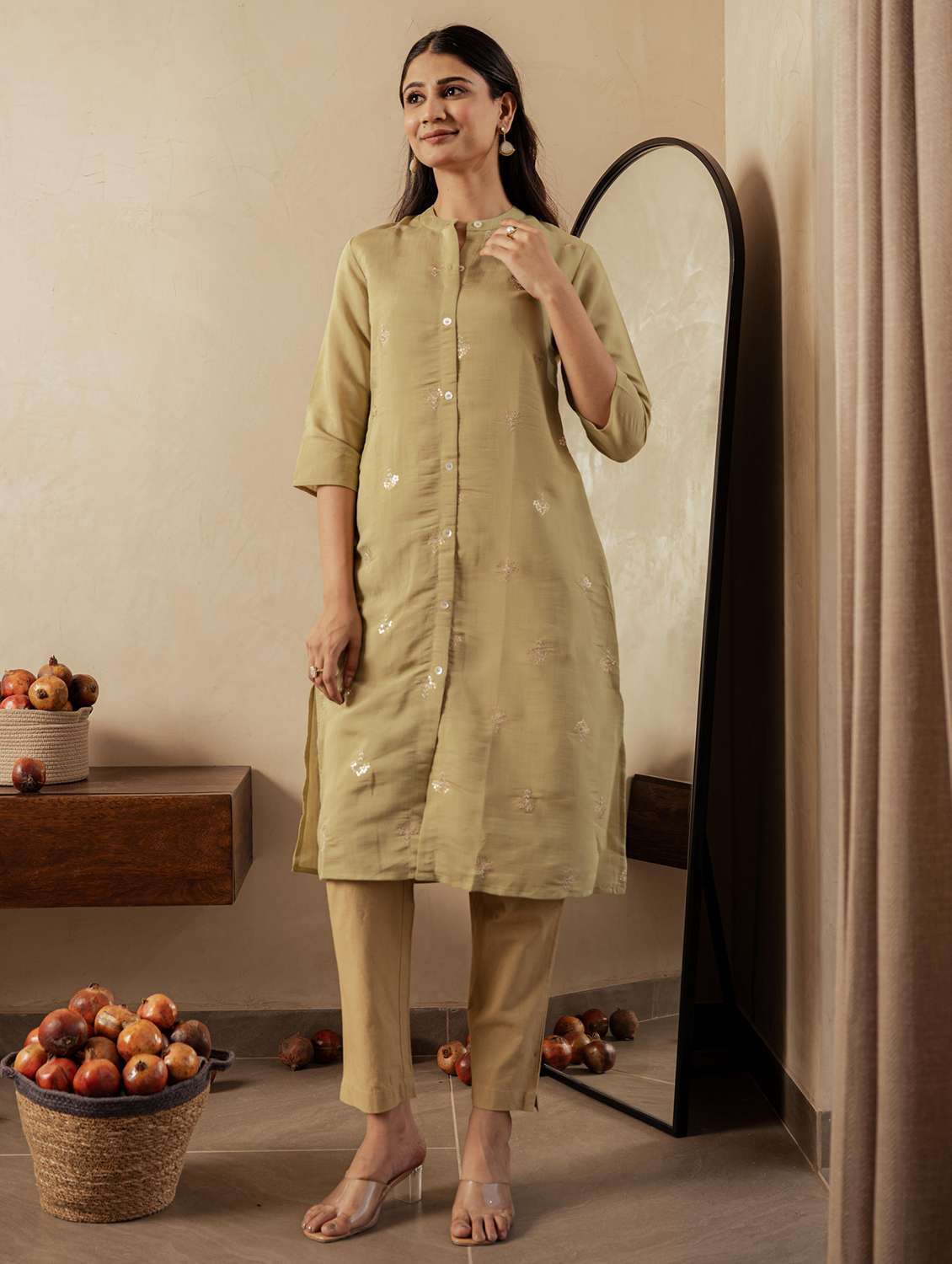 women solid with work three quarter sleeve a-line kurta