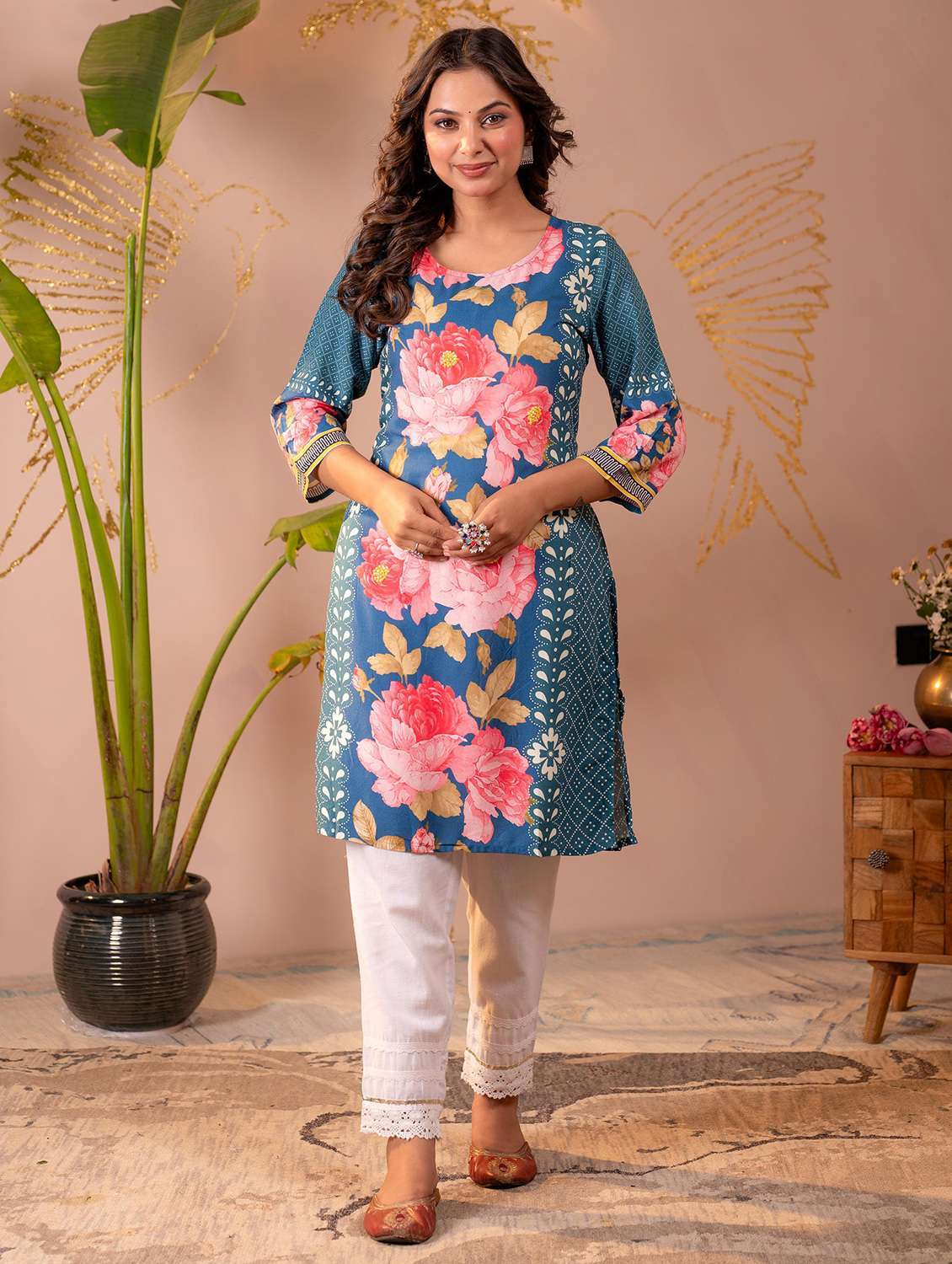 women blue rayon straight kurta