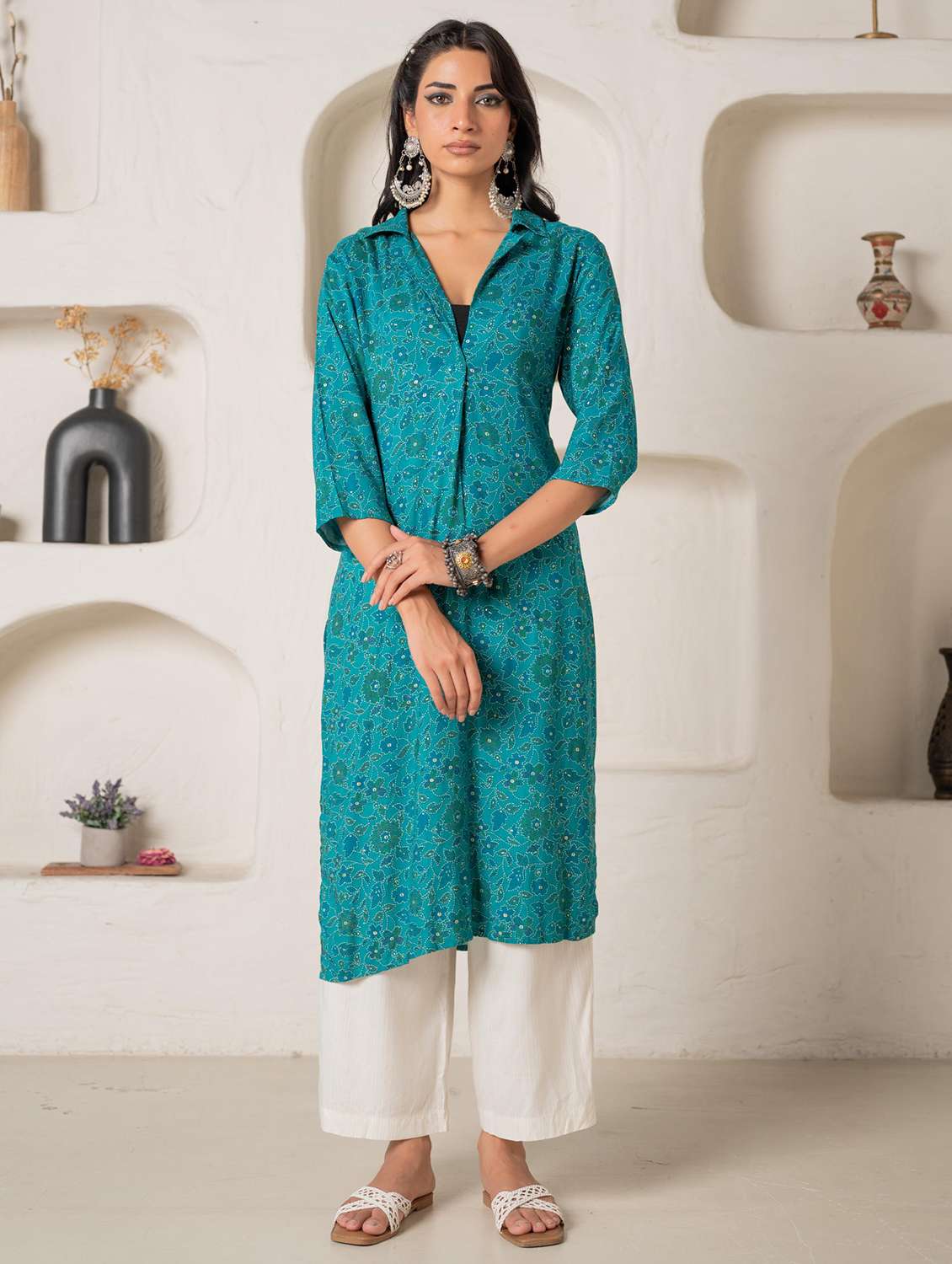 women floral viscose shirt collar straight kurta