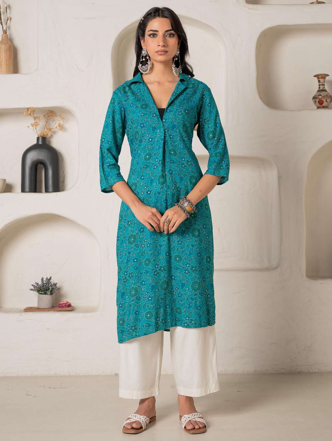 women floral viscose shirt collar straight kurta - 22316852 -  Standard Image - 2