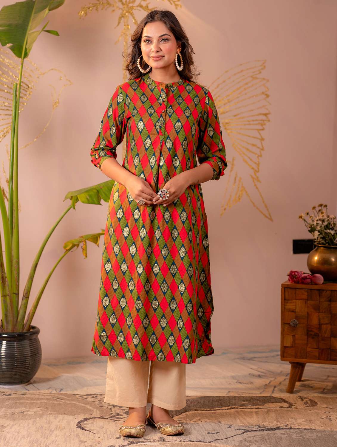 women printed three quarter sleeve a-line kurta